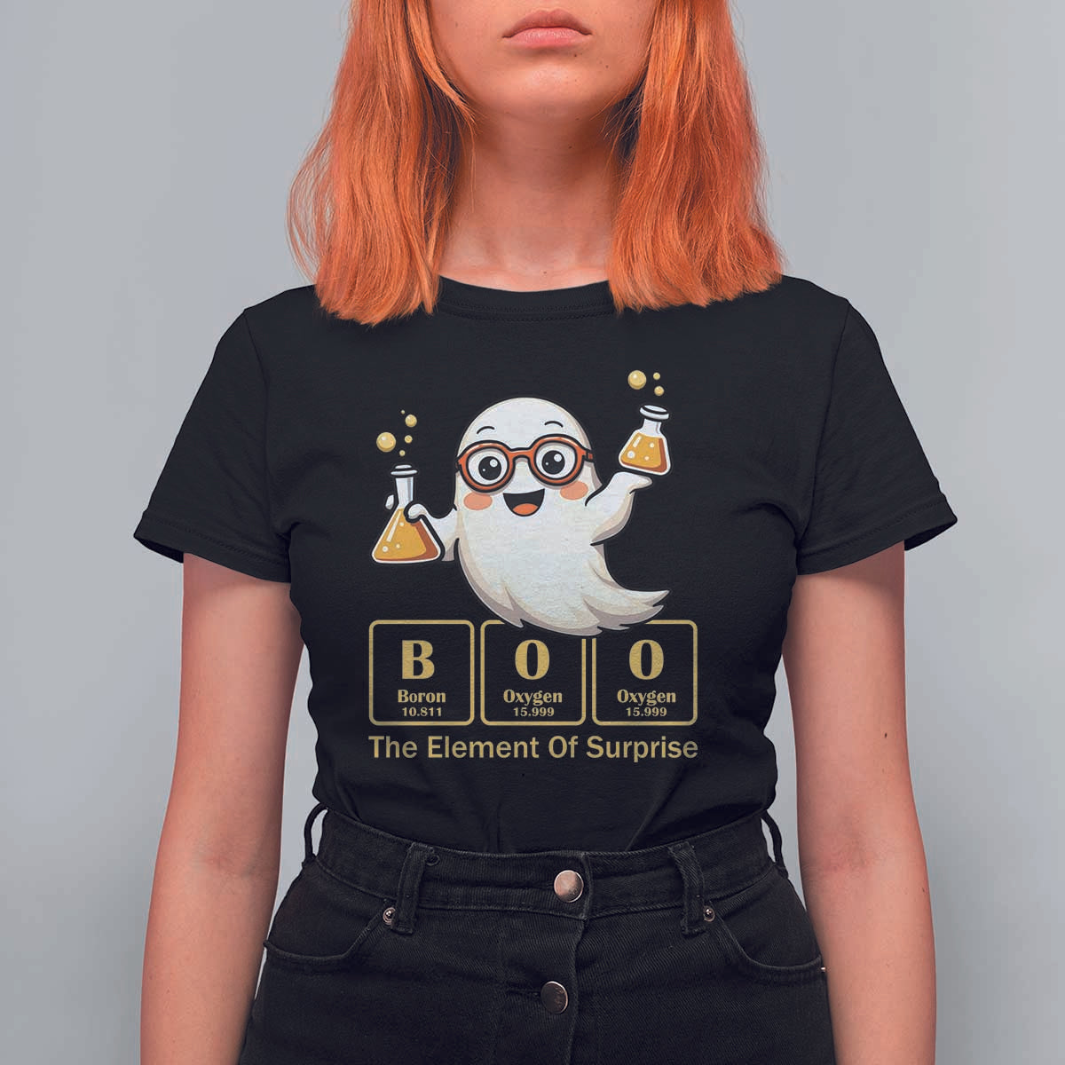 Halloween Chemistry T Shirt For Women Boo The Element Of Surprise Ghost Nerd - Wonder Print Shop