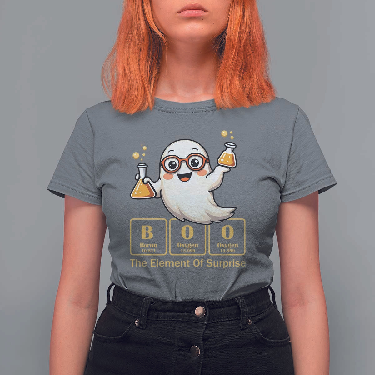 Halloween Chemistry T Shirt For Women Boo The Element Of Surprise Ghost Nerd - Wonder Print Shop