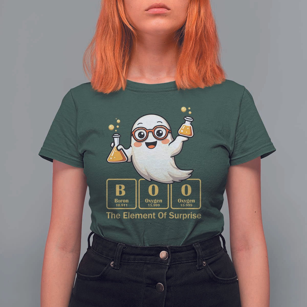 Halloween Chemistry T Shirt For Women Boo The Element Of Surprise Ghost Nerd - Wonder Print Shop
