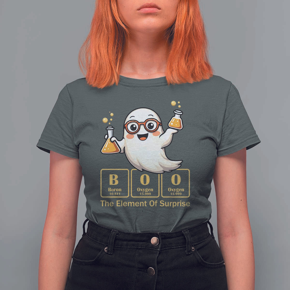 Halloween Chemistry T Shirt For Women Boo The Element Of Surprise Ghost Nerd - Wonder Print Shop