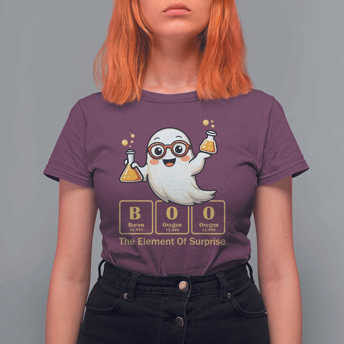 Halloween Chemistry T Shirt For Women Boo The Element Of Surprise Ghost Nerd - Wonder Print Shop