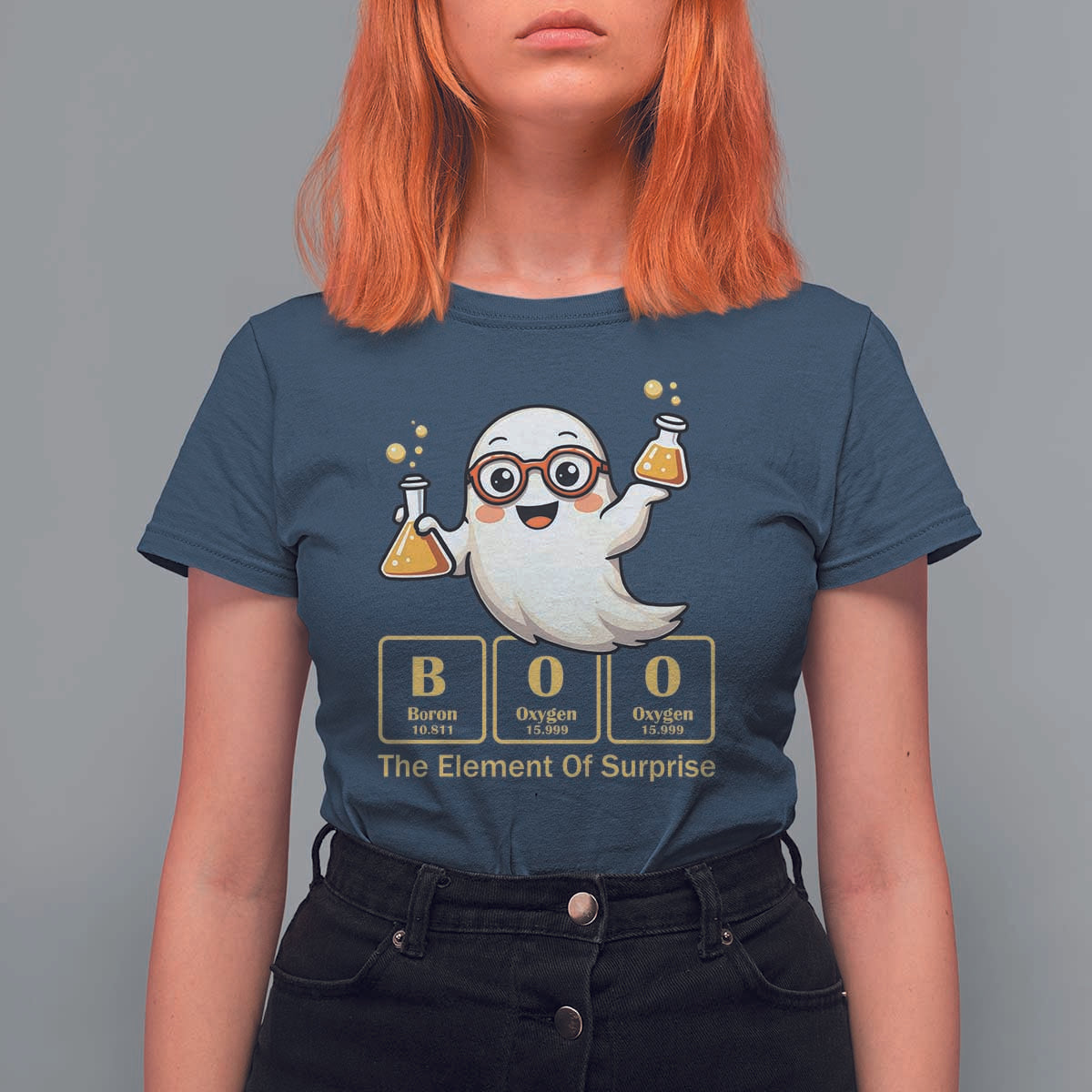 Halloween Chemistry T Shirt For Women Boo The Element Of Surprise Ghost Nerd - Wonder Print Shop