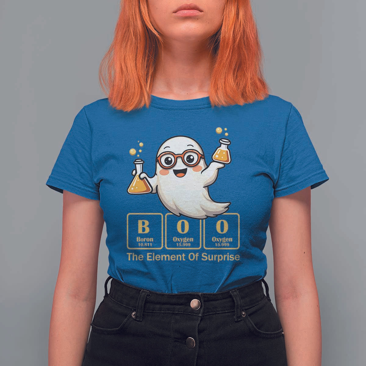 Halloween Chemistry T Shirt For Women Boo The Element Of Surprise Ghost Nerd - Wonder Print Shop