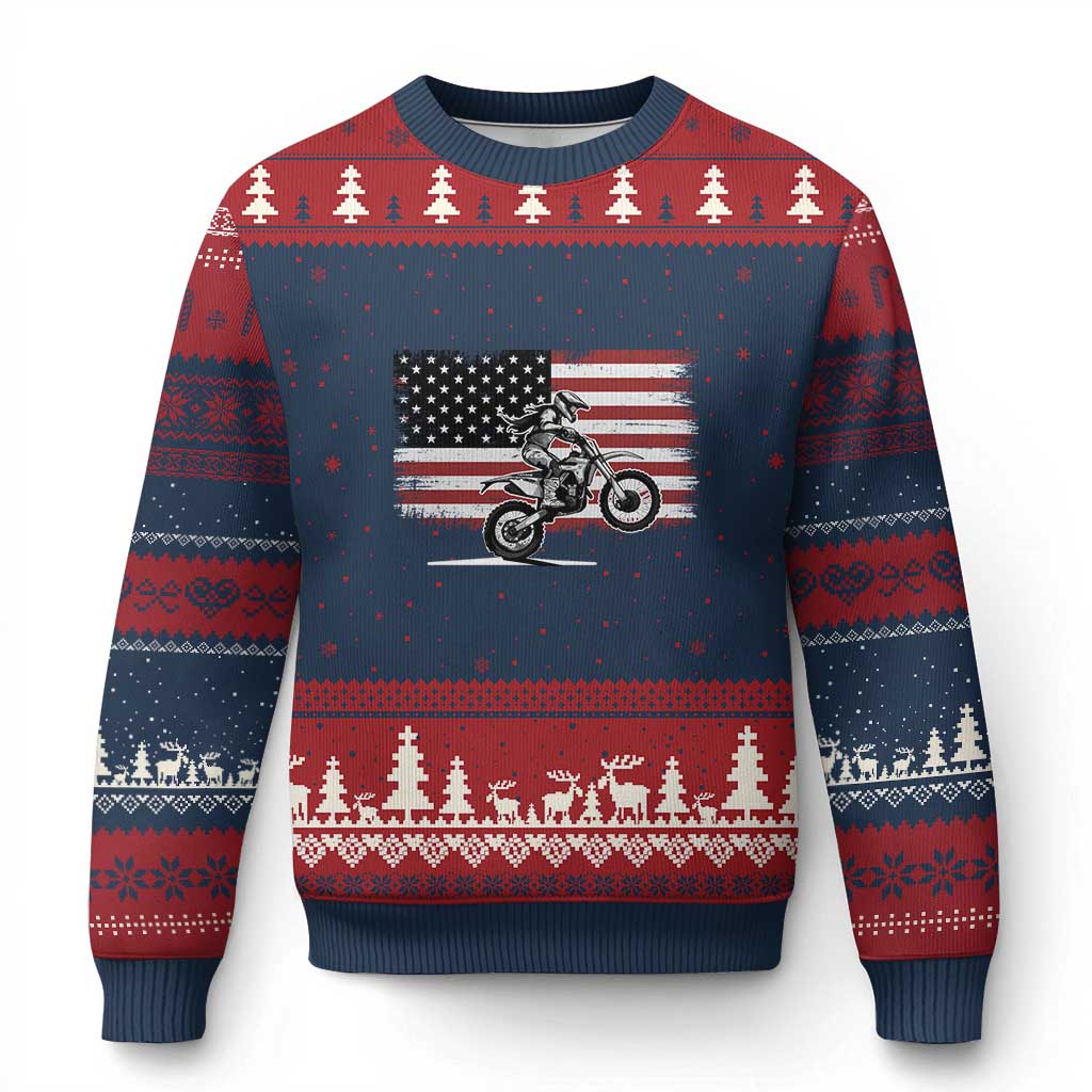 Dirt Bike Woman Rider Ugly Christmas Sweater American Flag Motocross Biker - Wonder Print Shop