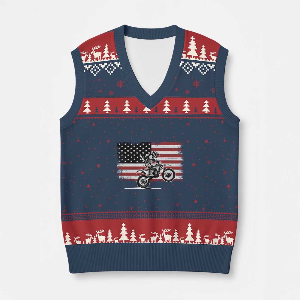 Dirt Bike Woman Rider V-Neck Knit Sweater Vest American Flag Motocross Biker - Wonder Print Shop