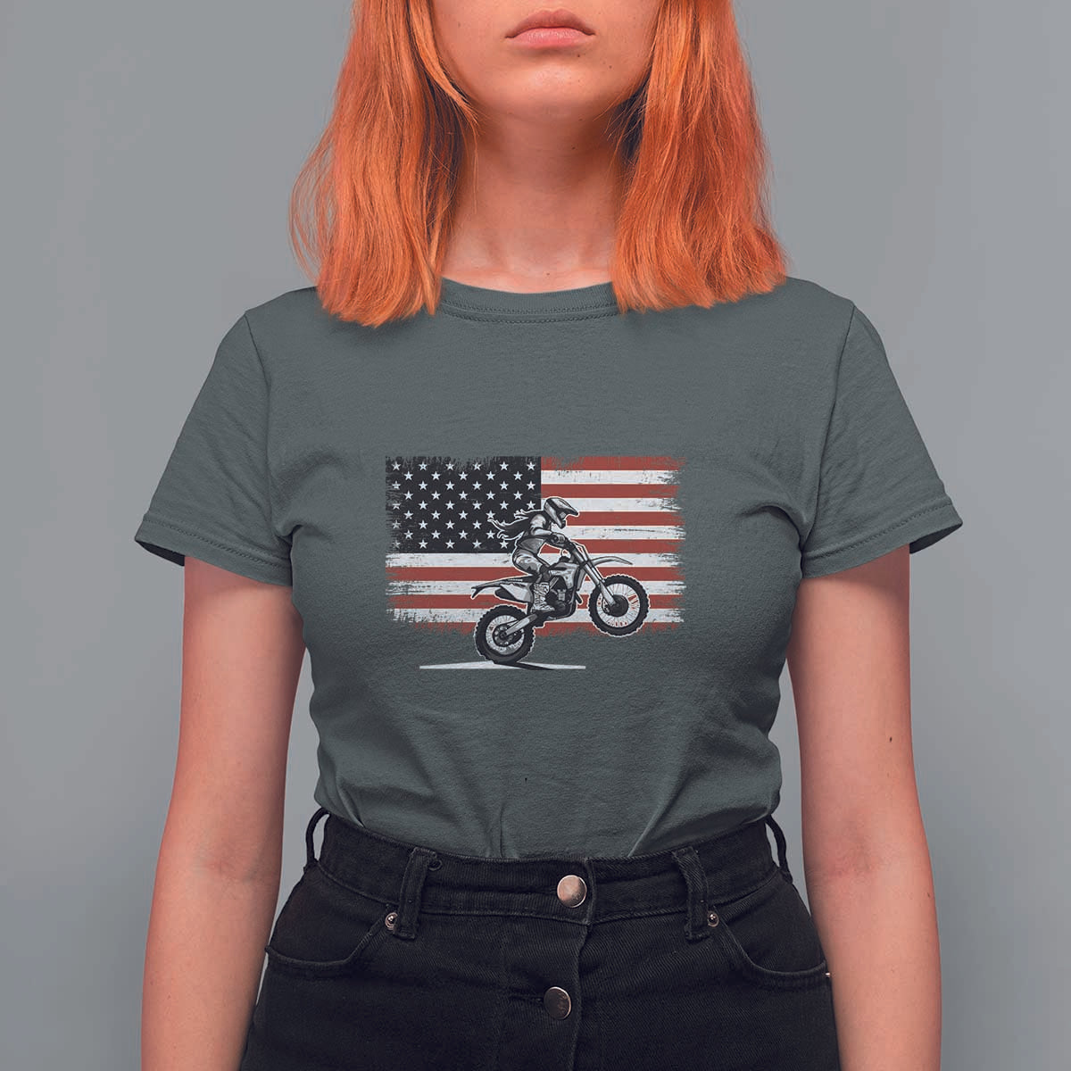 Dirt Bike Woman Rider T Shirt For Women American Flag Motocross Biker - Wonder Print Shop
