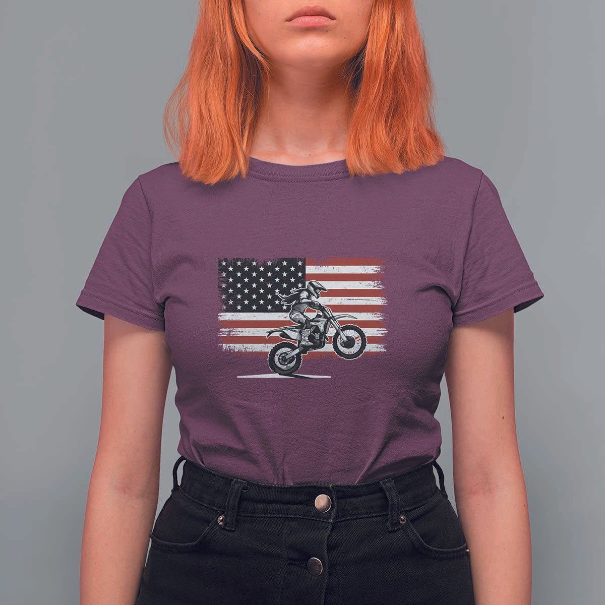 Dirt Bike Woman Rider T Shirt For Women American Flag Motocross Biker - Wonder Print Shop