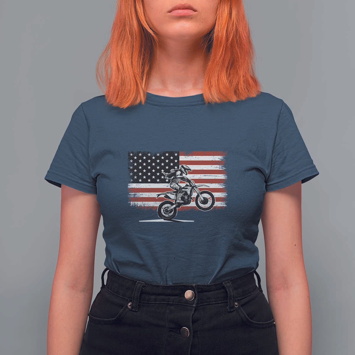 Dirt Bike Woman Rider T Shirt For Women American Flag Motocross Biker - Wonder Print Shop