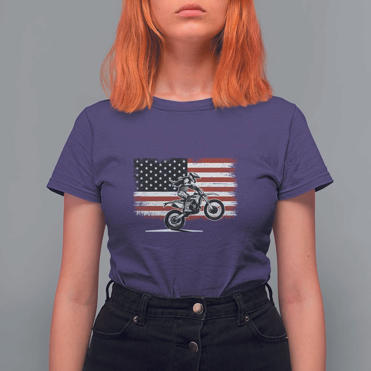 Dirt Bike Woman Rider T Shirt For Women American Flag Motocross Biker - Wonder Print Shop