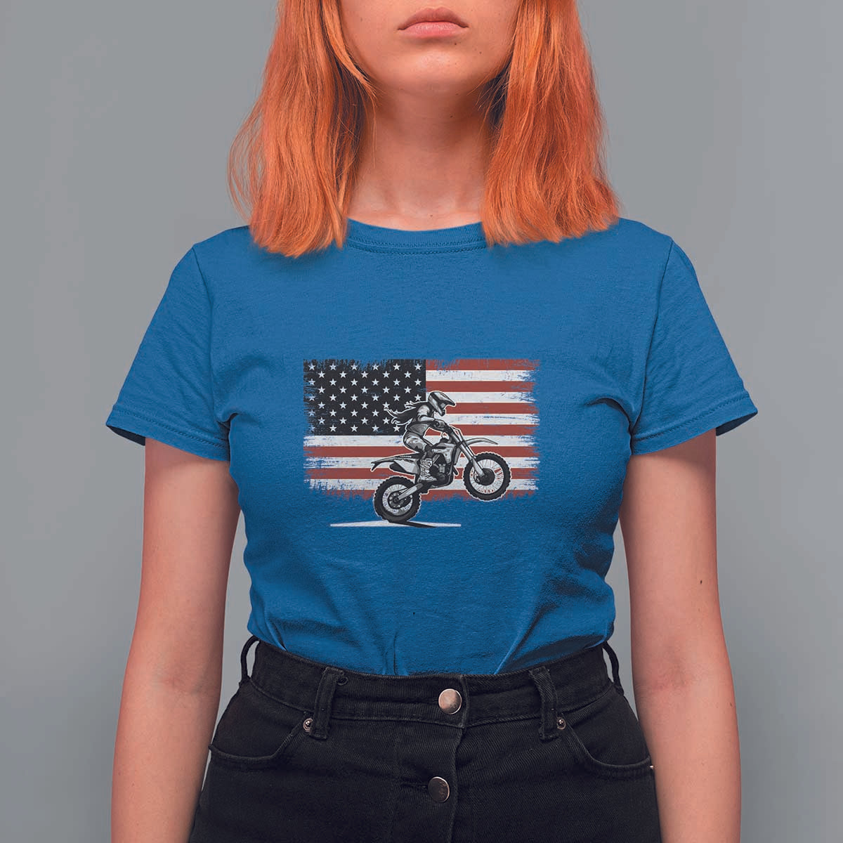 Dirt Bike Woman Rider T Shirt For Women American Flag Motocross Biker - Wonder Print Shop