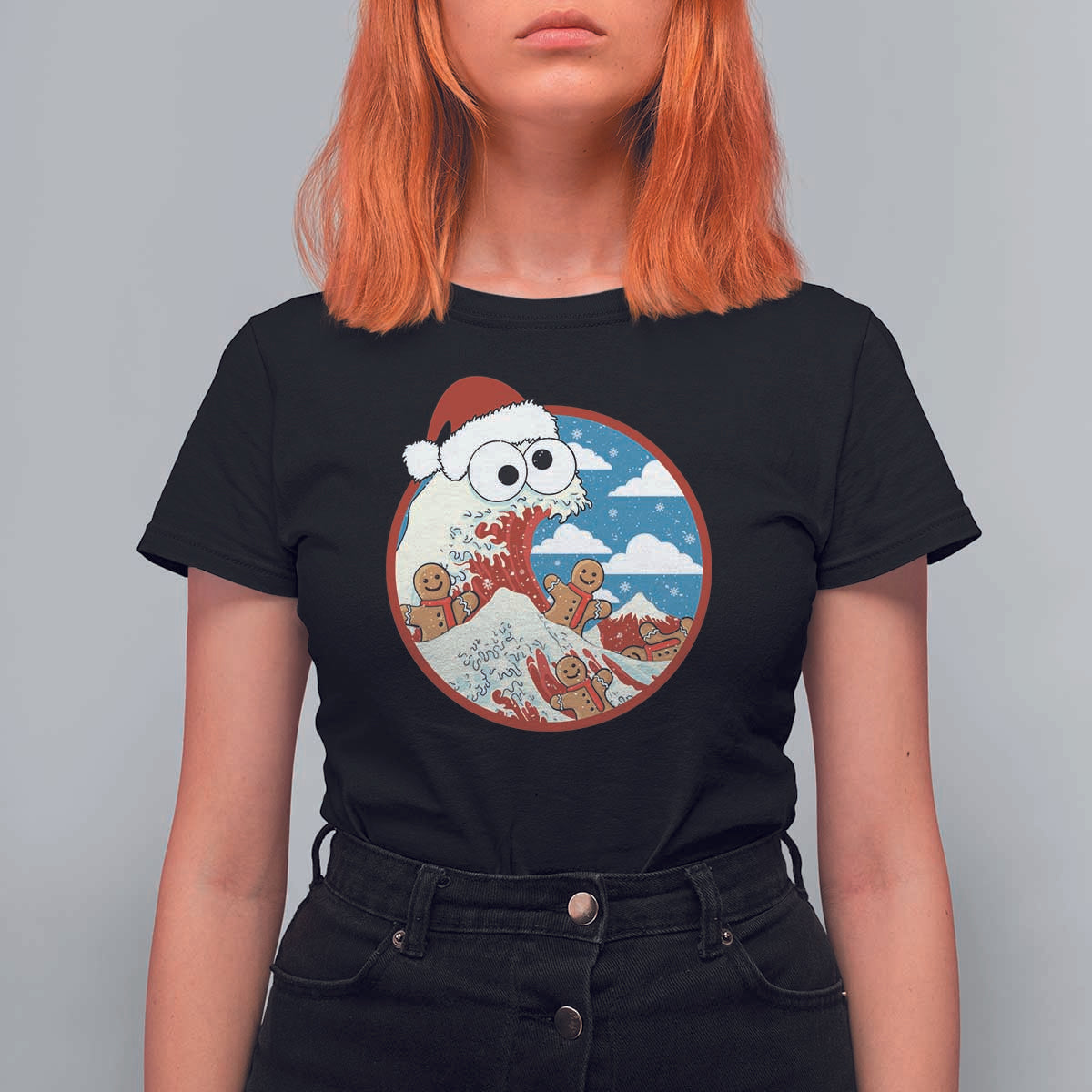 Funny Christmas T Shirt For Women Santa Tsunami Is Eating Ginger Bread Xmas - Wonder Print Shop