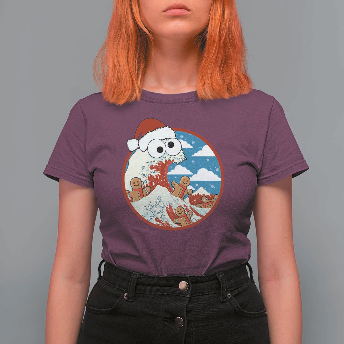 Funny Christmas T Shirt For Women Santa Tsunami Is Eating Ginger Bread Xmas - Wonder Print Shop
