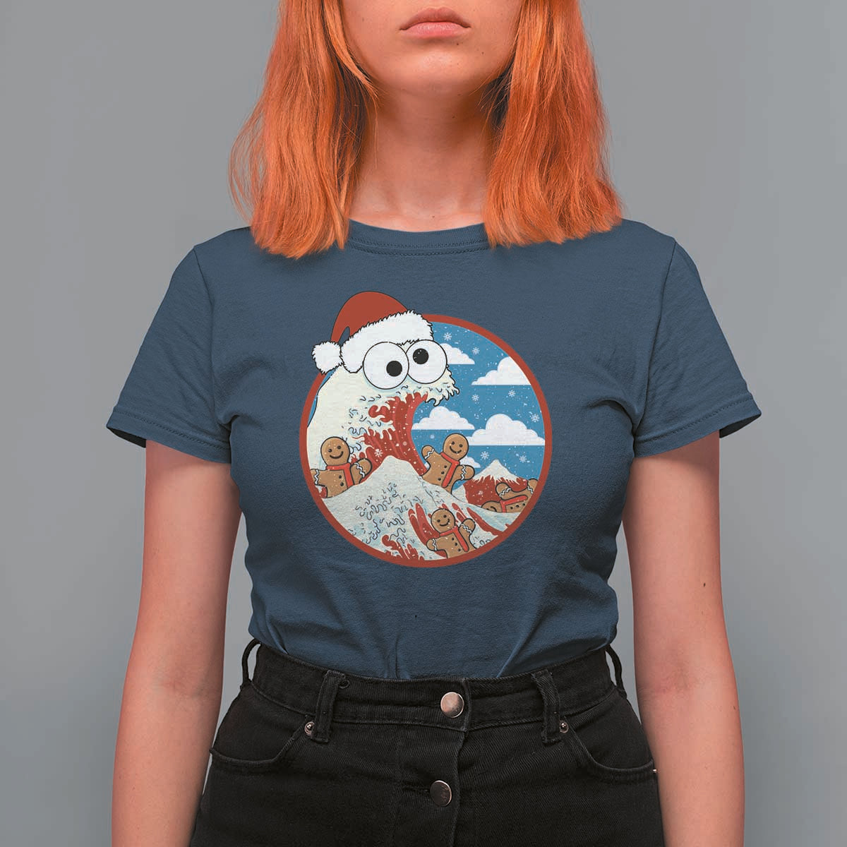 Funny Christmas T Shirt For Women Santa Tsunami Is Eating Ginger Bread Xmas - Wonder Print Shop