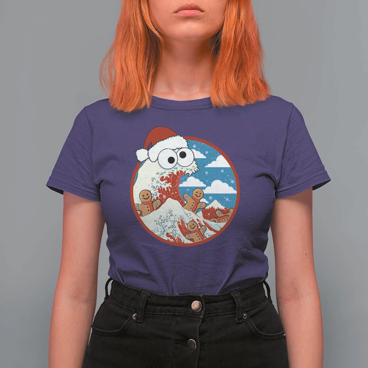 Funny Christmas T Shirt For Women Santa Tsunami Is Eating Ginger Bread Xmas - Wonder Print Shop