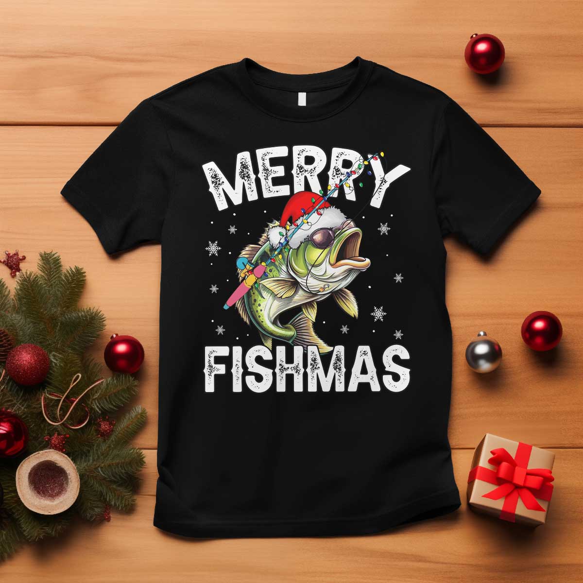 Funny Christmas Fishing T Shirt Merry Fishmas Bass Fish Rod - Wonder Print Shop