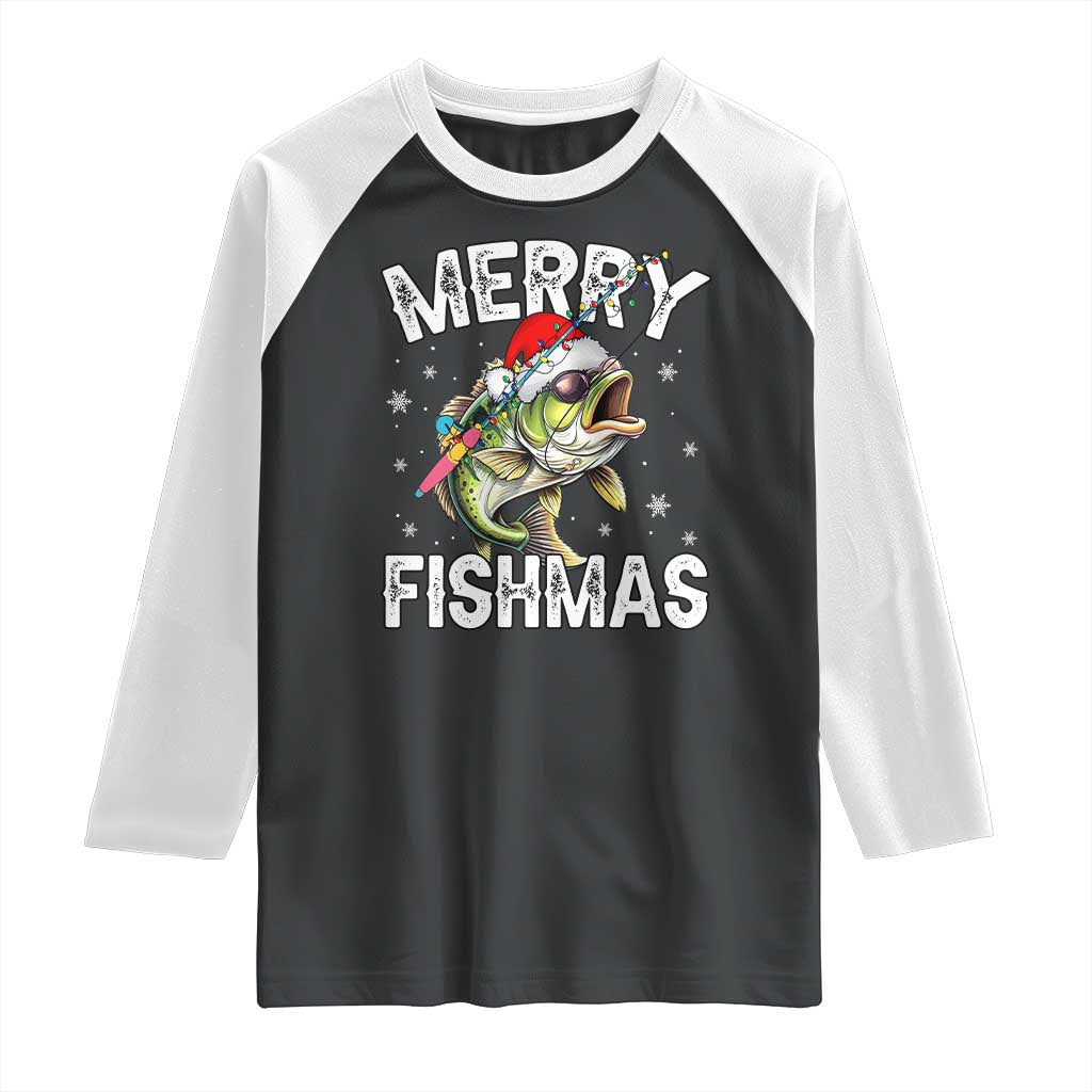 Funny Christmas Fishing Raglan Shirt Merry Fishmas Bass Fish Rod - Wonder Print Shop