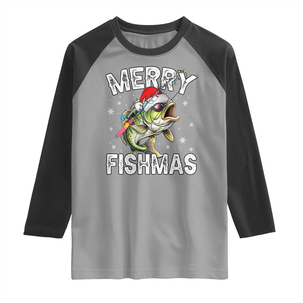 Funny Christmas Fishing Raglan Shirt Merry Fishmas Bass Fish Rod - Wonder Print Shop