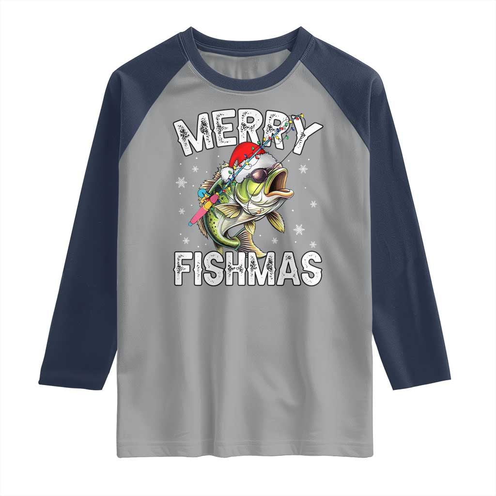 Funny Christmas Fishing Raglan Shirt Merry Fishmas Bass Fish Rod - Wonder Print Shop