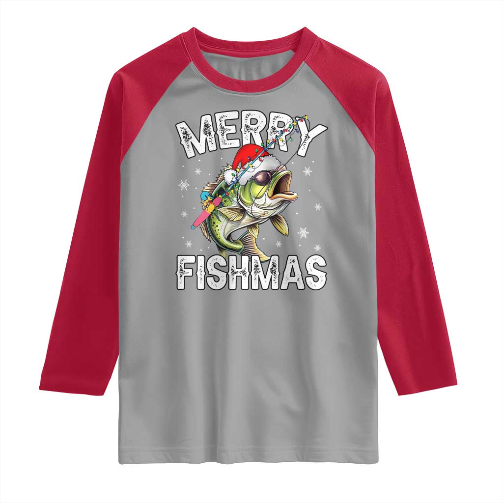 Funny Christmas Fishing Raglan Shirt Merry Fishmas Bass Fish Rod - Wonder Print Shop