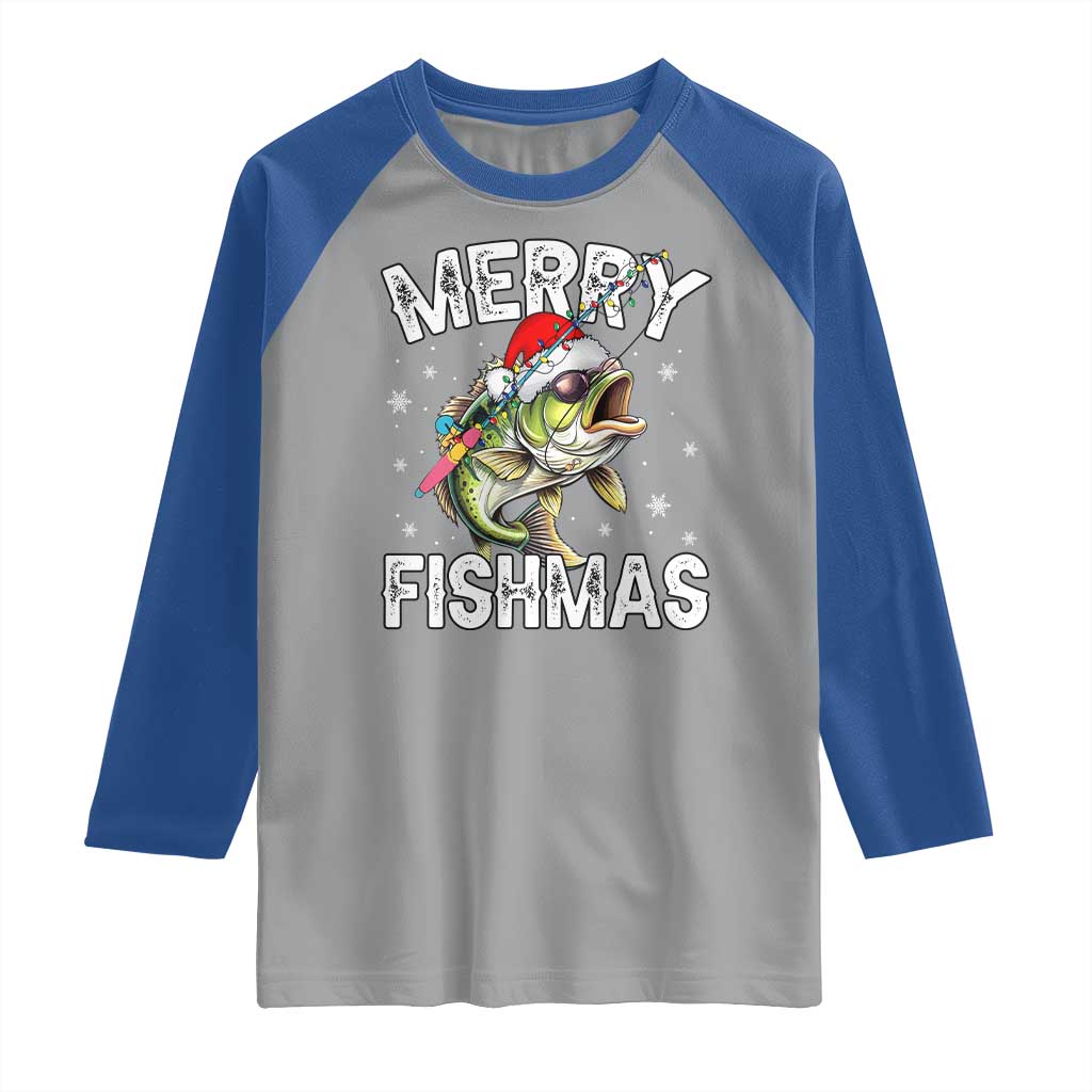Funny Christmas Fishing Raglan Shirt Merry Fishmas Bass Fish Rod - Wonder Print Shop