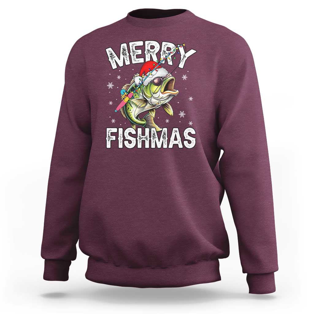 Funny Christmas Fishing Sweatshirt Merry Fishmas Bass Fish Rod - Wonder Print Shop