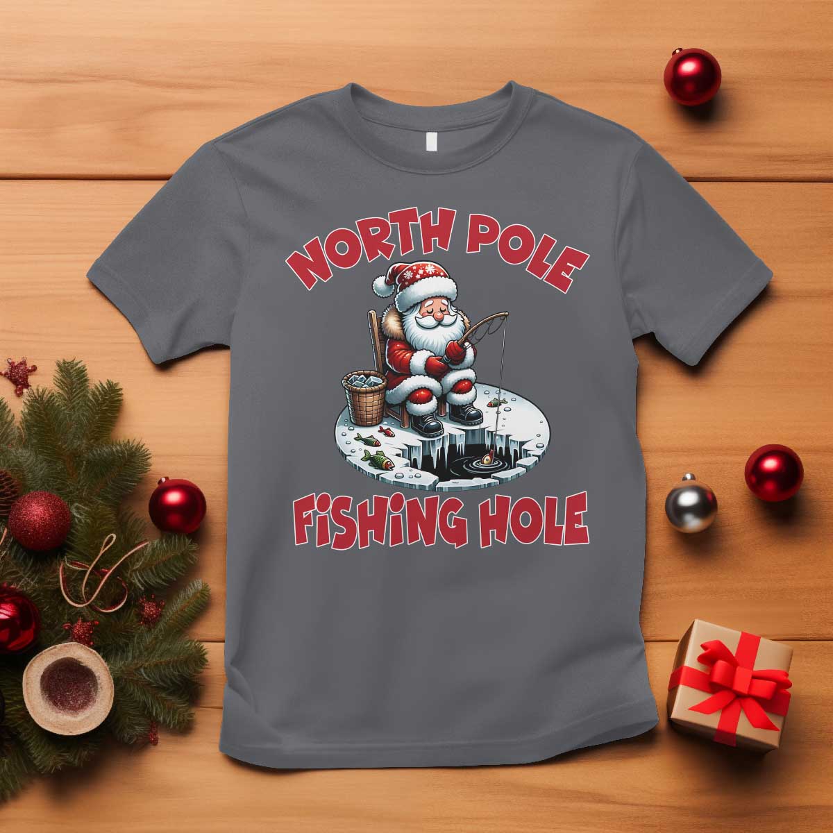 Funny Christmas Fishing T Shirt North Pole Fishing Hole Cute Santa - Wonder Print Shop