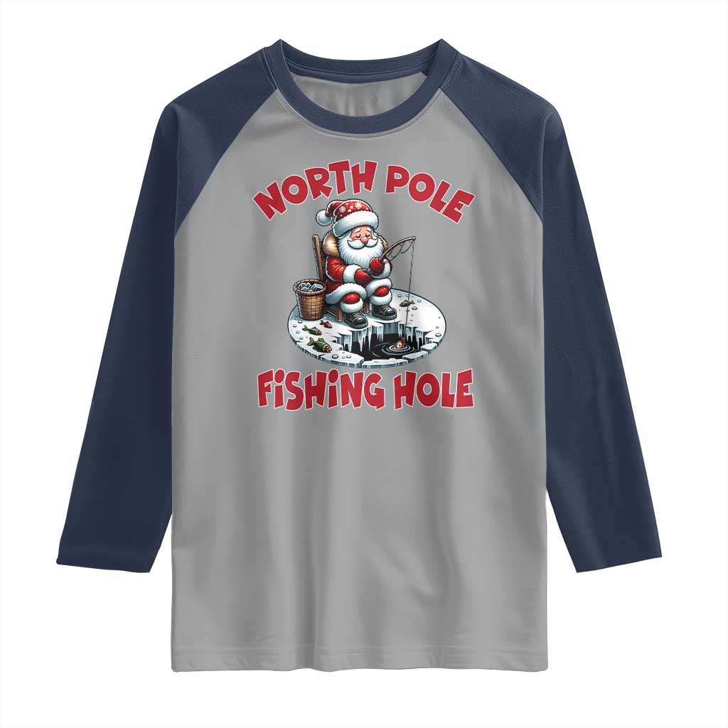 Funny Christmas Fishing Raglan Shirt North Pole Fishing Hole Cute Santa - Wonder Print Shop
