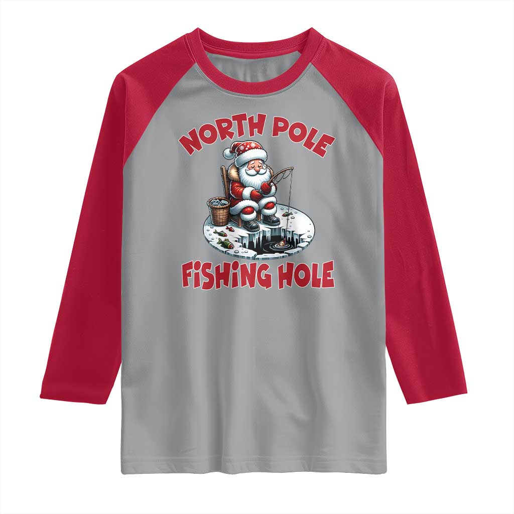 Funny Christmas Fishing Raglan Shirt North Pole Fishing Hole Cute Santa - Wonder Print Shop