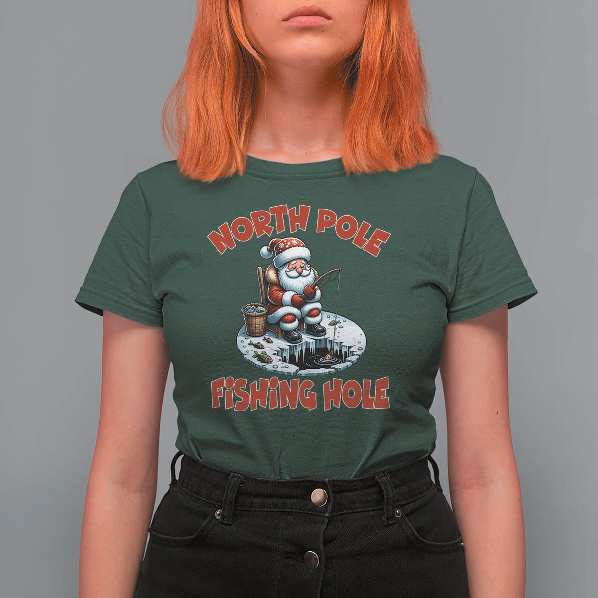 Funny Christmas Fishing T Shirt For Women North Pole Fishing Hole Cute Santa - Wonder Print Shop