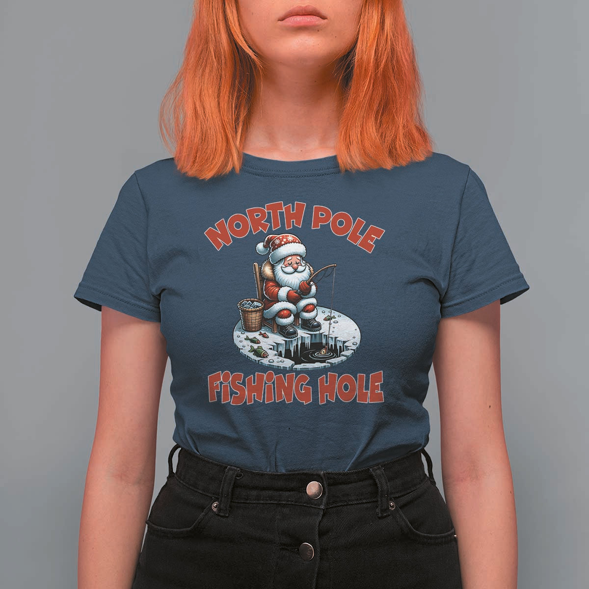 Funny Christmas Fishing T Shirt For Women North Pole Fishing Hole Cute Santa - Wonder Print Shop