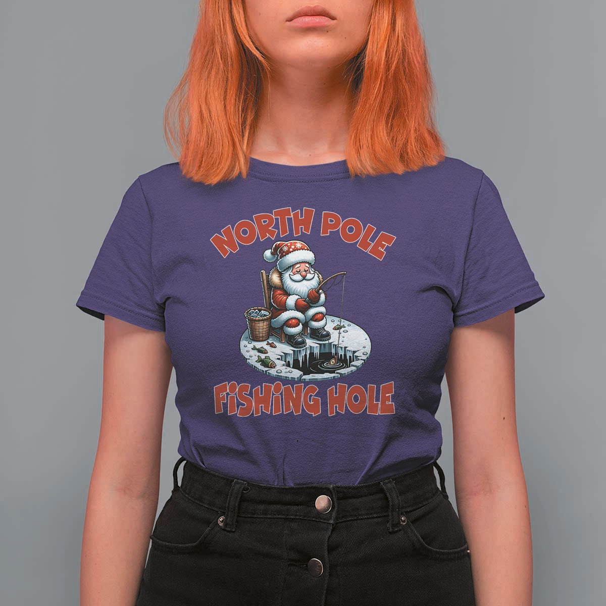 Funny Christmas Fishing T Shirt For Women North Pole Fishing Hole Cute Santa - Wonder Print Shop