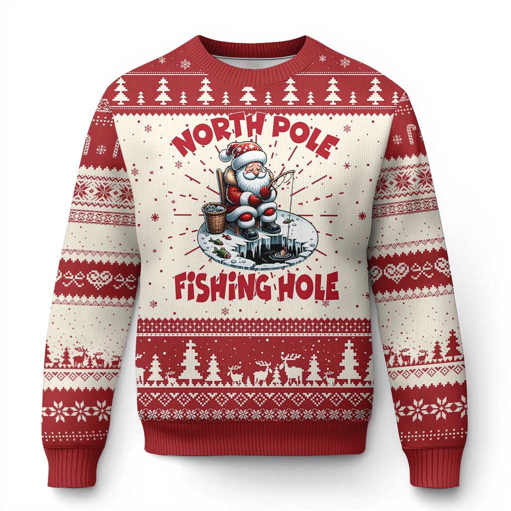 Funny Xmas Fishing Ugly Christmas Sweater North Pole Fishing Hole Cute Santa - Wonder Print Shop