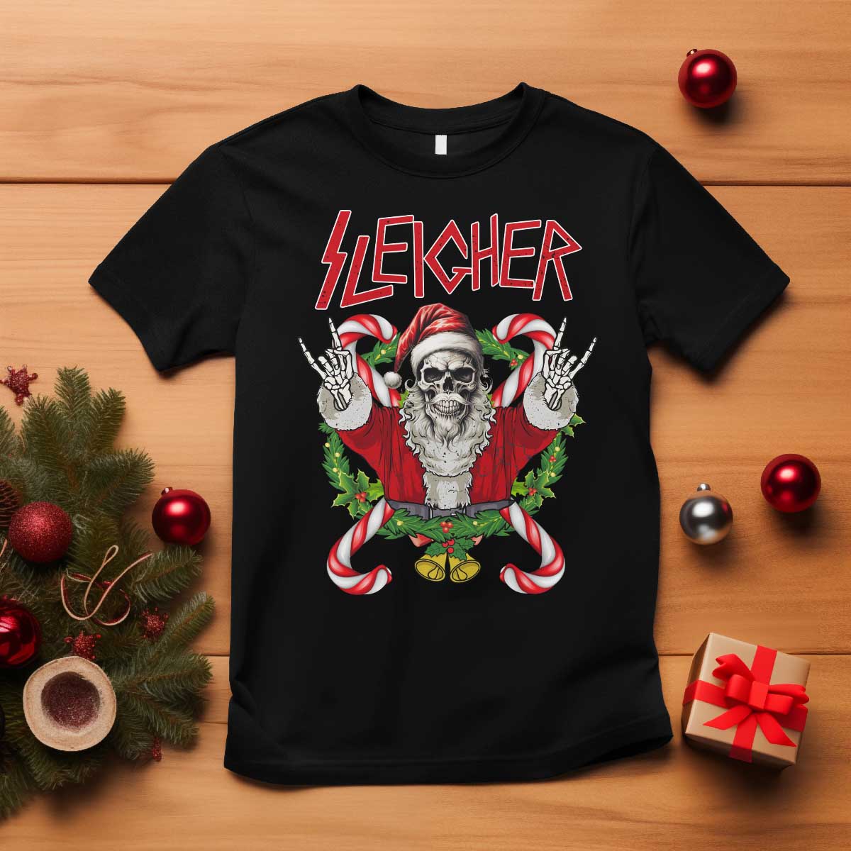 Christmas Heavy Metal T Shirt Sleigher Skeleton Santa Xmas Wreath - Wonder Print Shop