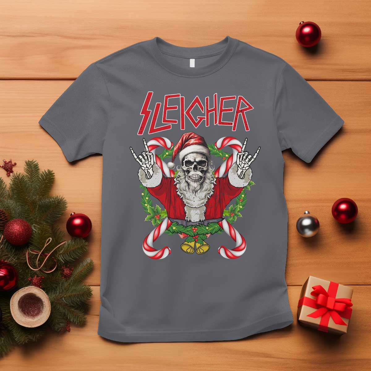 Christmas Heavy Metal T Shirt Sleigher Skeleton Santa Xmas Wreath - Wonder Print Shop