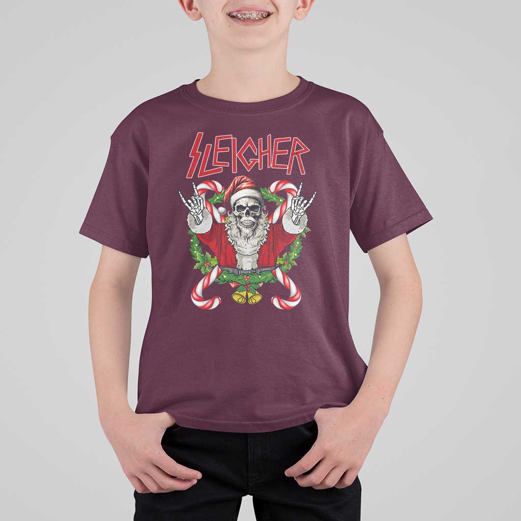 Christmas Heavy Metal T Shirt For Kid Sleigher Skeleton Santa Xmas Wreath - Wonder Print Shop