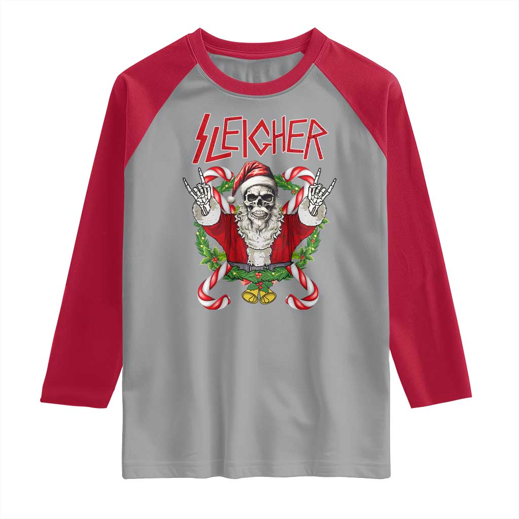 Christmas Heavy Metal Raglan Shirt Sleigher Skeleton Santa Xmas Wreath - Wonder Print Shop