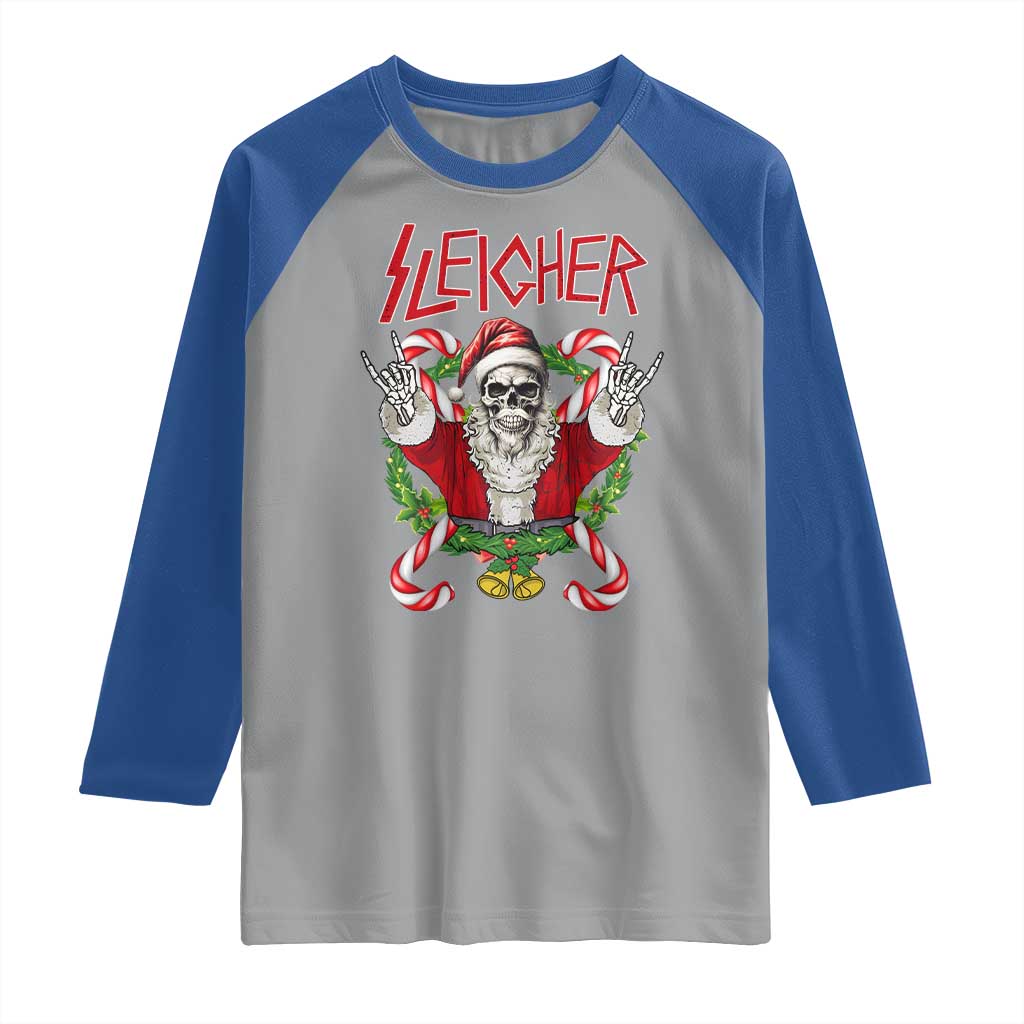 Christmas Heavy Metal Raglan Shirt Sleigher Skeleton Santa Xmas Wreath - Wonder Print Shop