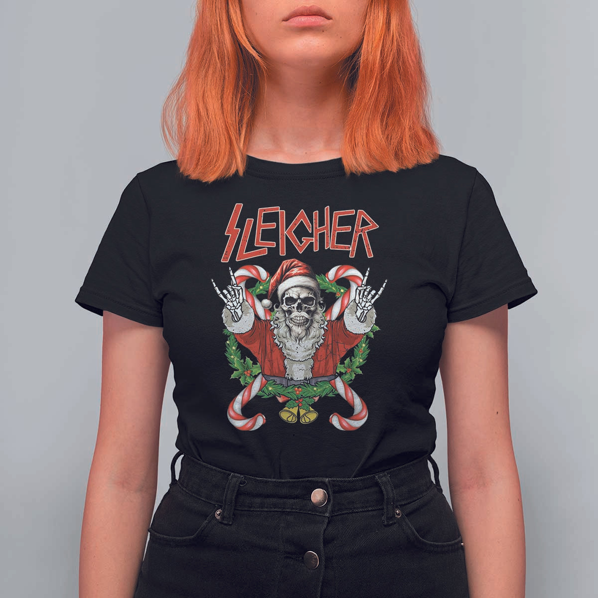 Christmas Heavy Metal T Shirt For Women Sleigher Skeleton Santa Xmas Wreath - Wonder Print Shop