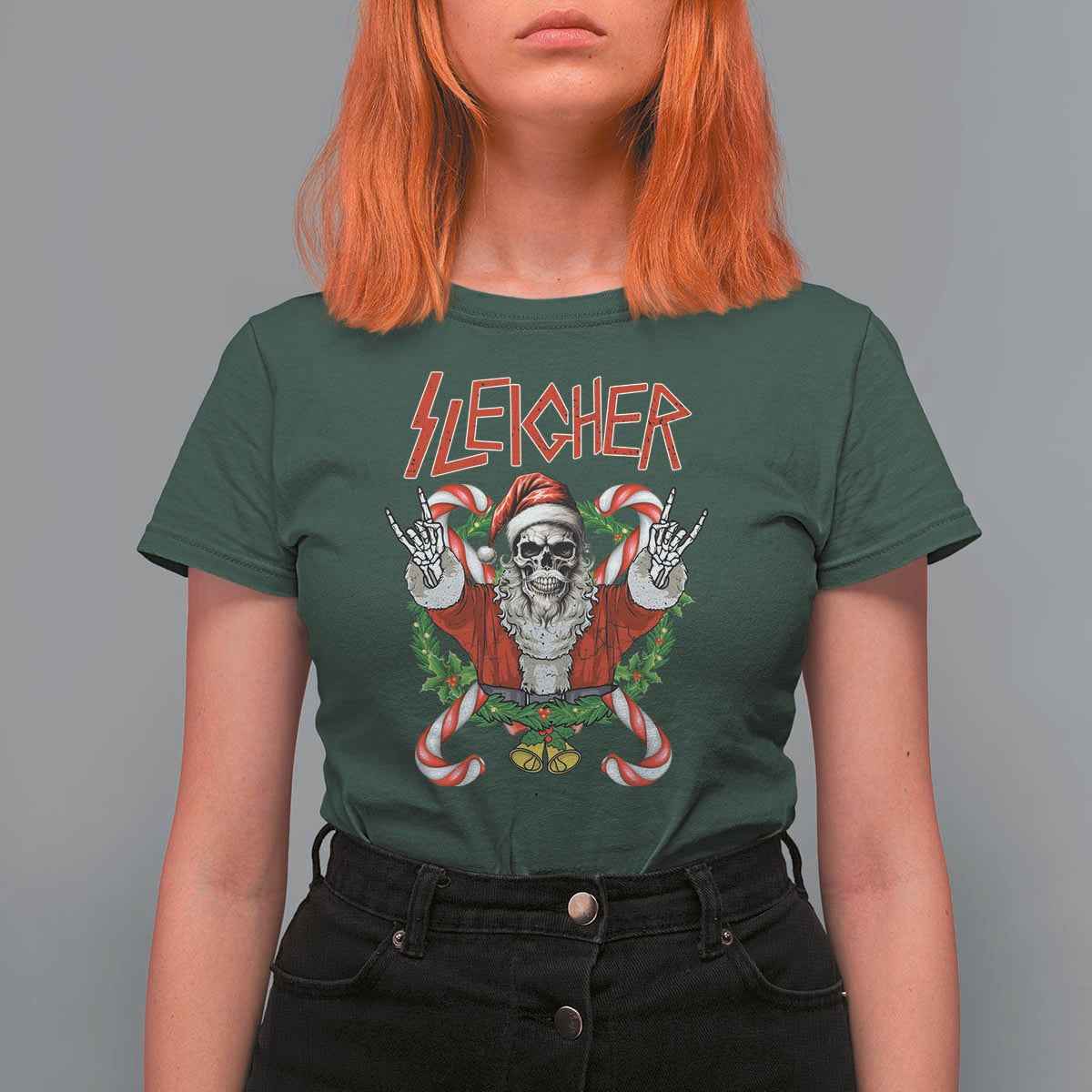 Christmas Heavy Metal T Shirt For Women Sleigher Skeleton Santa Xmas Wreath - Wonder Print Shop