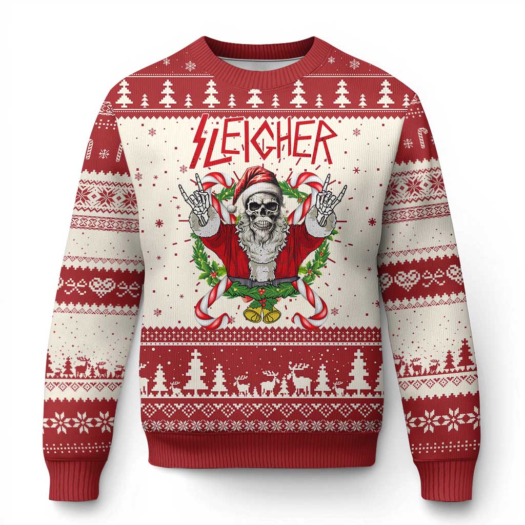 Xmas Heavy Metal Ugly Christmas Sweater Sleigher Skeleton Santa Xmas Wreath - Wonder Print Shop