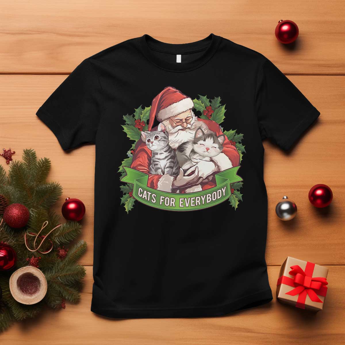 Christmas Cats Owner T Shirt Cats For Everybody Vintage Santa Mistletoe - Wonder Print Shop