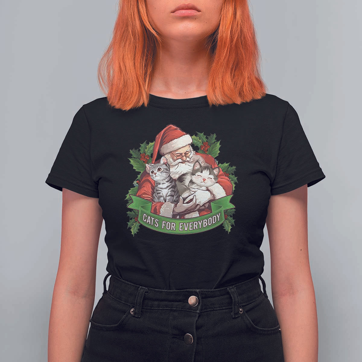 Christmas Cats Owner T Shirt For Women Cats For Everybody Vintage Santa Mistletoe - Wonder Print Shop