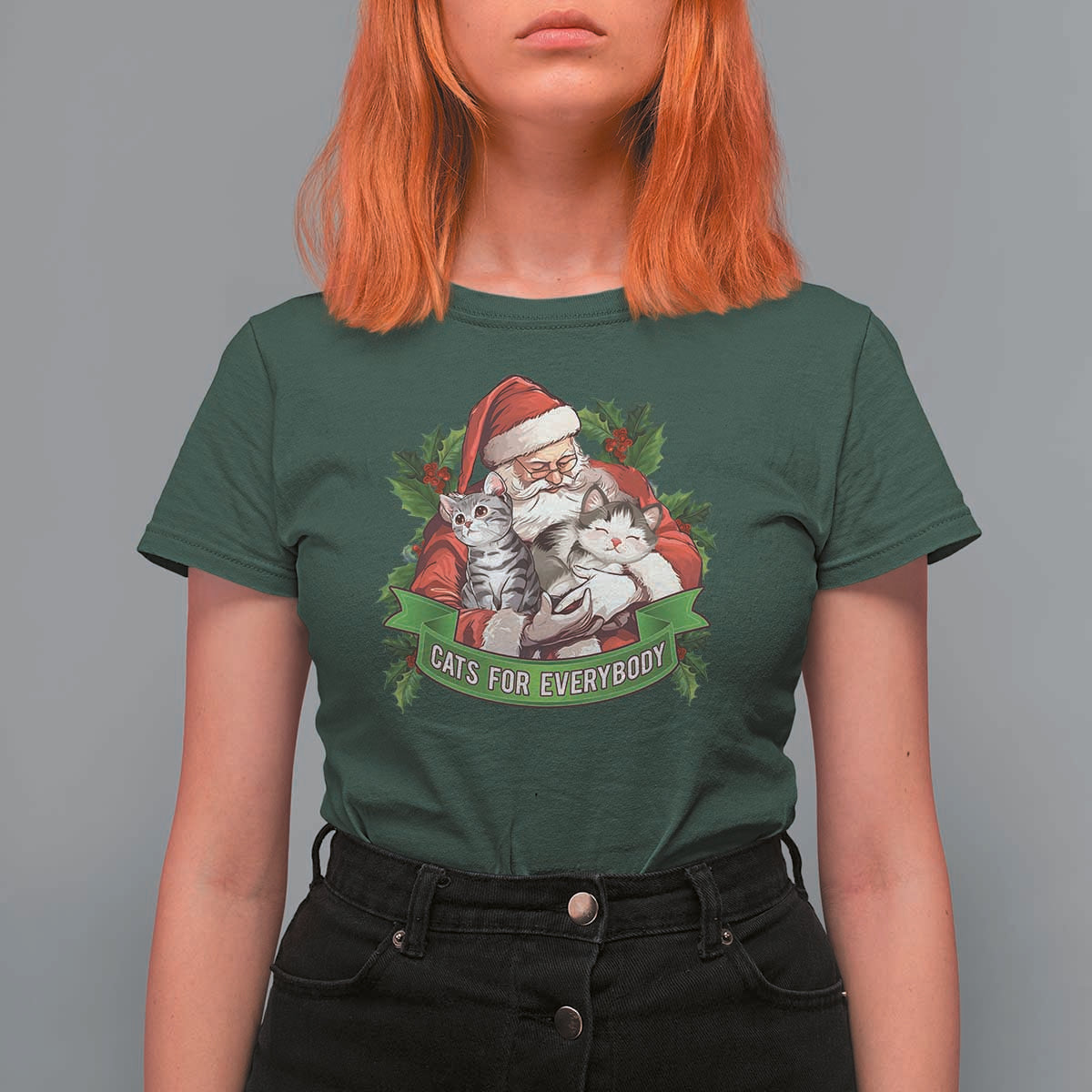 Christmas Cats Owner T Shirt For Women Cats For Everybody Vintage Santa Mistletoe - Wonder Print Shop