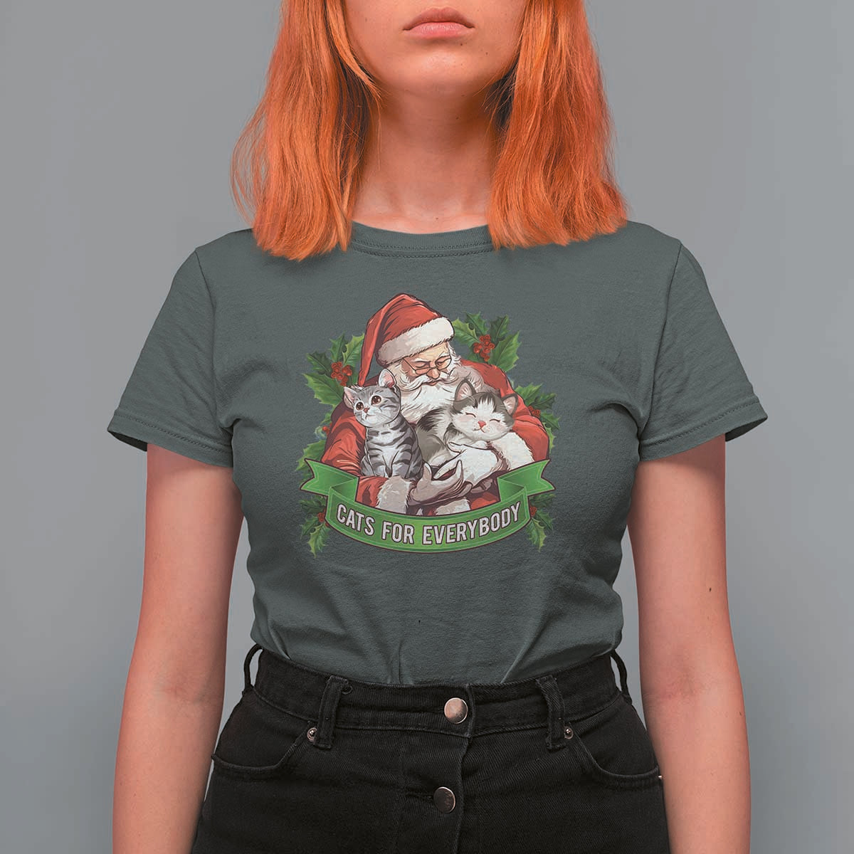 Christmas Cats Owner T Shirt For Women Cats For Everybody Vintage Santa Mistletoe - Wonder Print Shop
