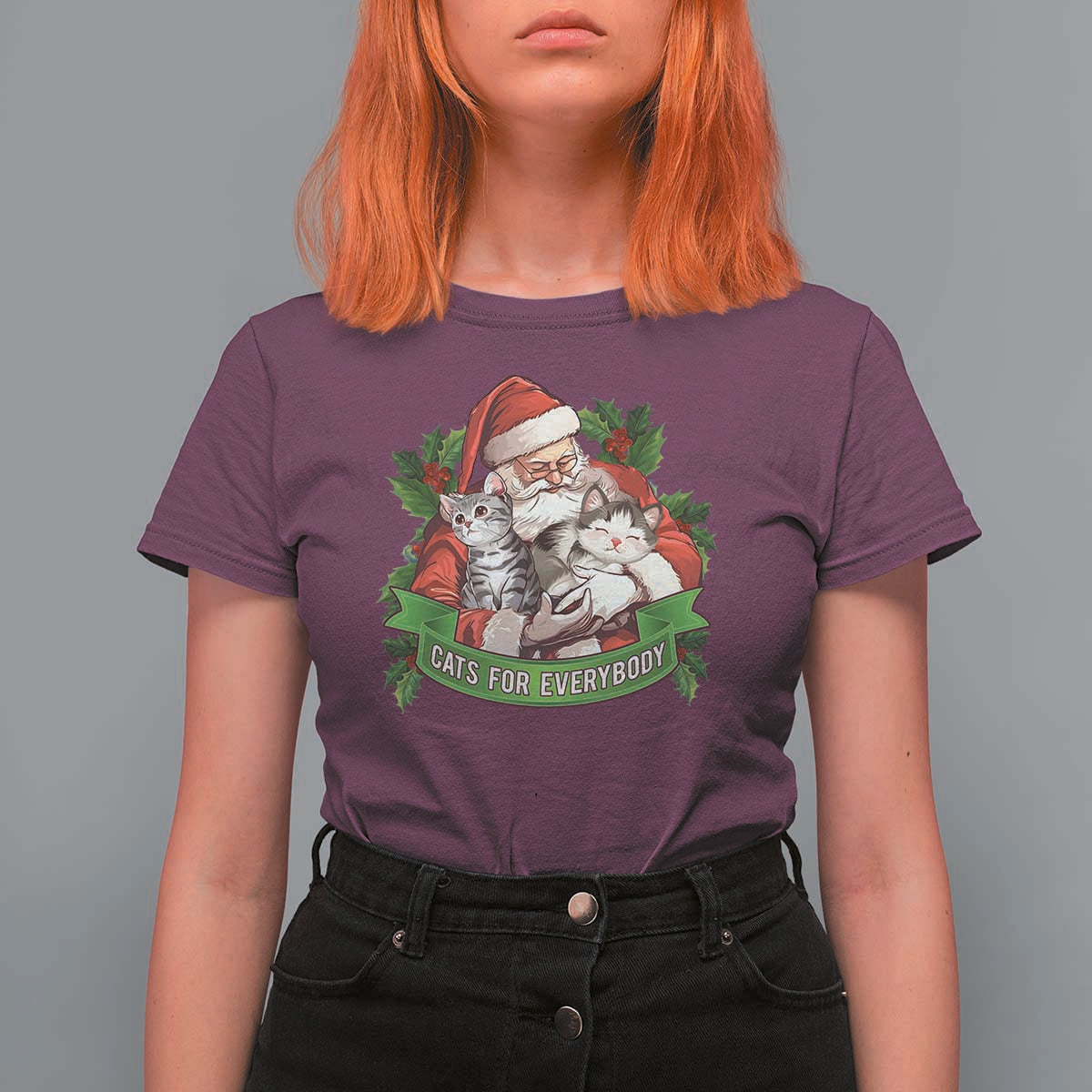 Christmas Cats Owner T Shirt For Women Cats For Everybody Vintage Santa Mistletoe - Wonder Print Shop