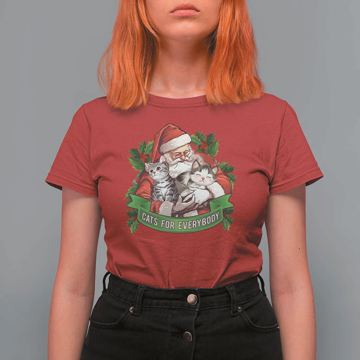 Christmas Cats Owner T Shirt For Women Cats For Everybody Vintage Santa Mistletoe - Wonder Print Shop
