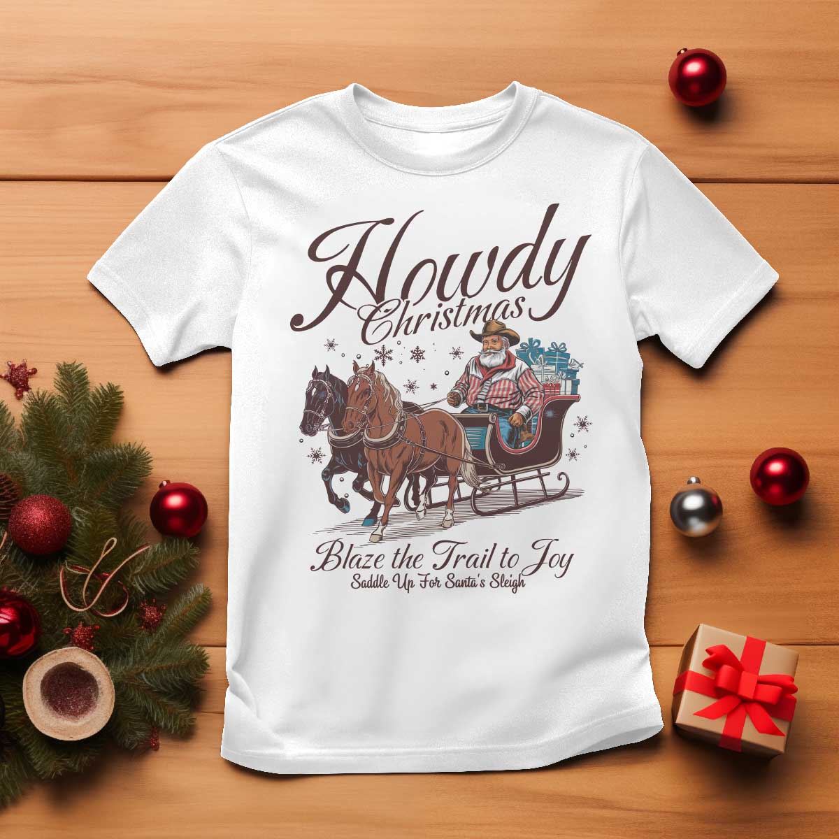 Western Christmas T Shirt Howdy Christmas Blaze The Trail To Joy Cowboy Santa - Wonder Print Shop