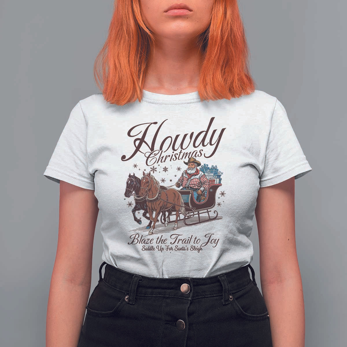 Western Christmas T Shirt For Women Howdy Christmas Blaze The Trail To Joy Cowboy Santa - Wonder Print Shop