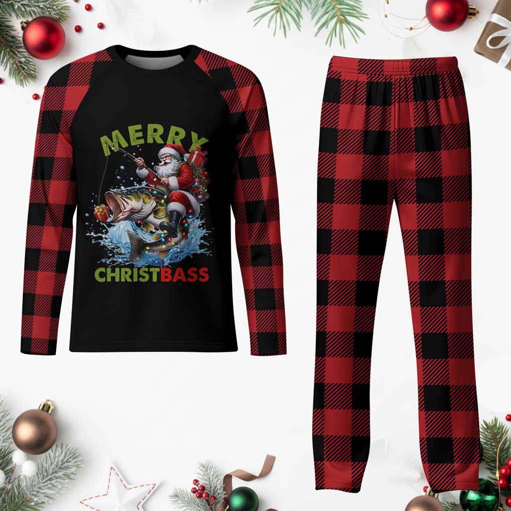 Funny Xmas Fishing Plaid Pajama Set Merry Christbass Santa Xmas Tree - Wonder Print Shop