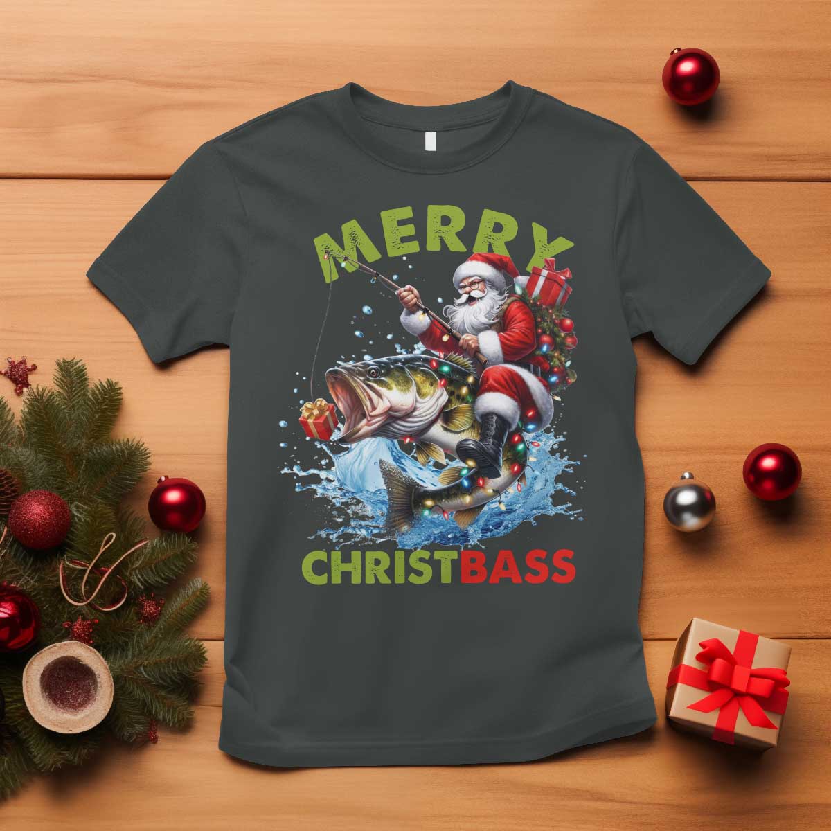 Funny Christmas Fishing T Shirt Merry Christbass Santa Xmas Tree - Wonder Print Shop